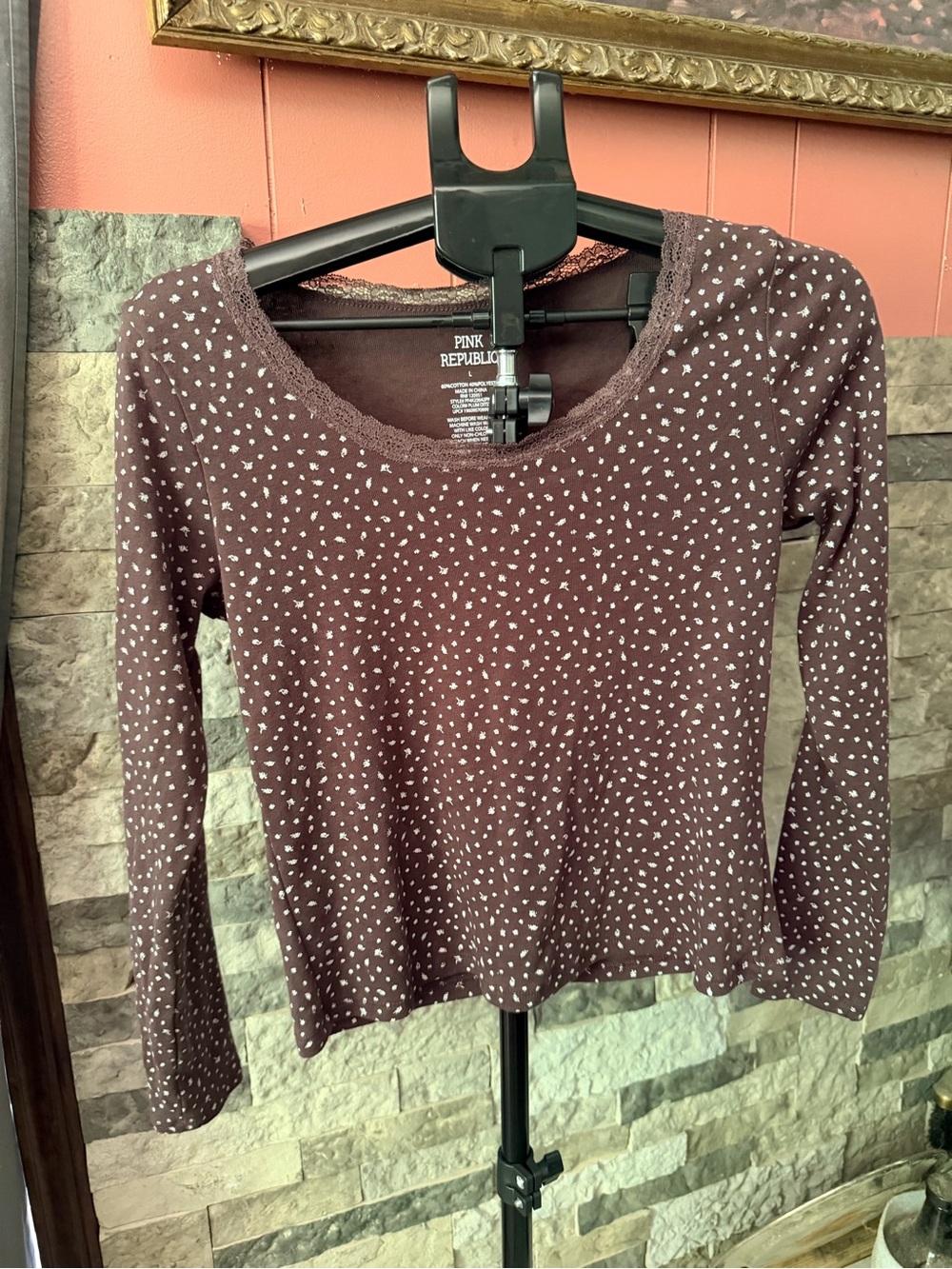 Pink Republic brown Ditsy Floral Lace Trim Long Sleeve Scoop Neck Shirt L